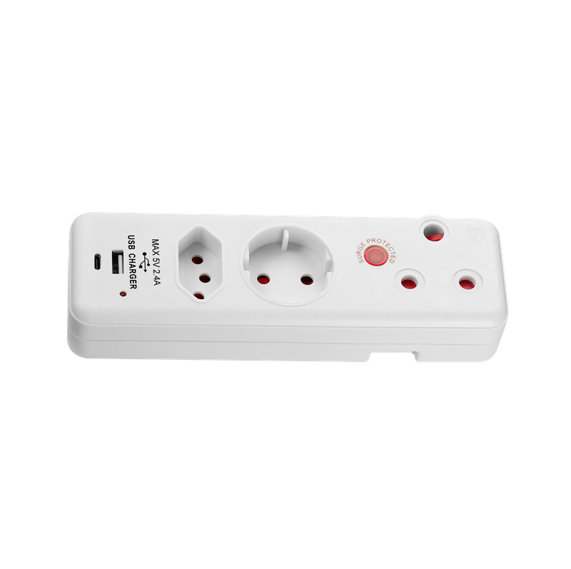 SWITCHED 3 PIN Adaptor -1x16A1X10A1x5A Euro 5V2.4A Type C + Type A Medium Surge