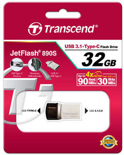 Transcend - 890 JetFlash 32GB USB-C &amp; USB 3.1 Flash Drive - Silver