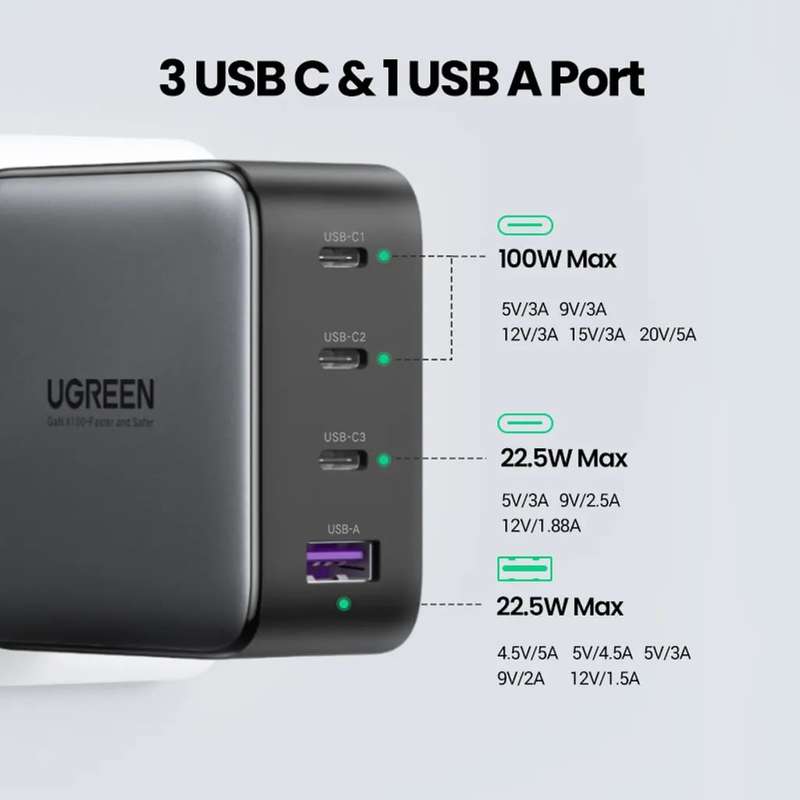 UGREEN 4 Port GAN 100w PD Wall Charger Black