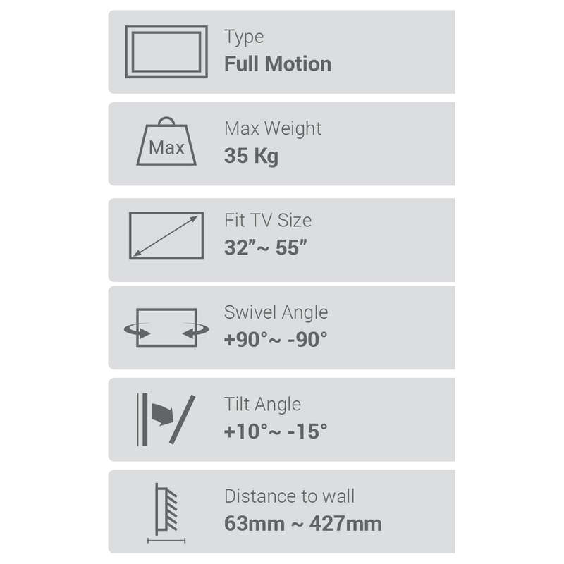 Space TV Full Motion Wall Mount TV Bracket for 32-55" Televisions