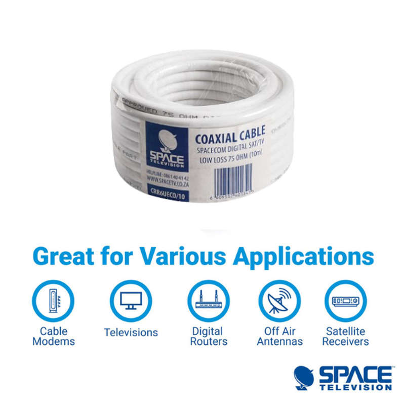 Space TV 10m Low Loss Aerial and DSTV OVHD Satellite RG6 Co-Axial Cable
