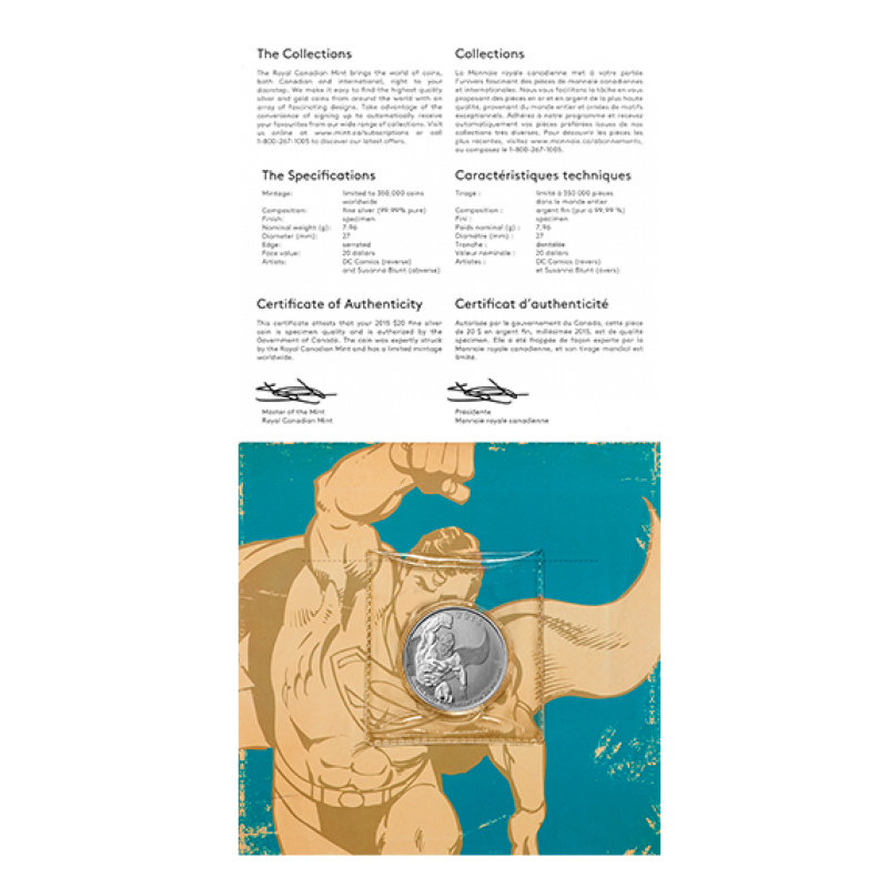2015 Canadian $20 DC Comics Originals: Superman .9999 Silver Proof Coin COA, booklet, encapsulated