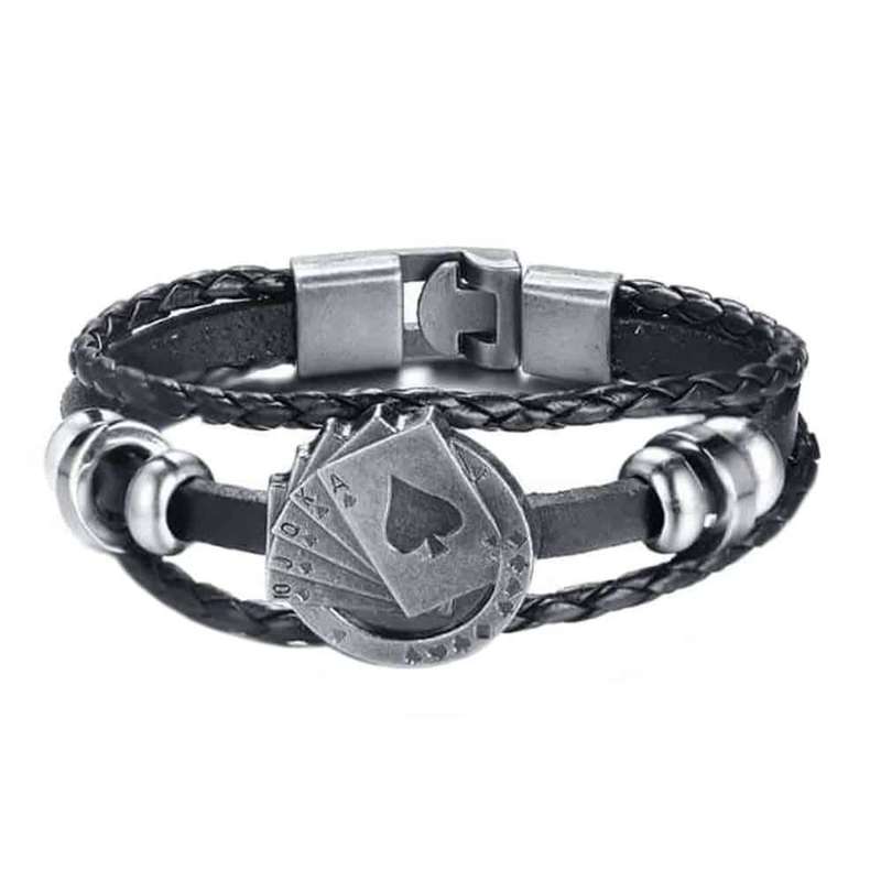 Unisex Braided Vegan Leather Playing Card Charm Bracelet- S/M