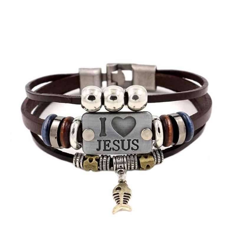 I Love Jesus Charm Unisex Steel &amp; Leather Bracelet- M/L