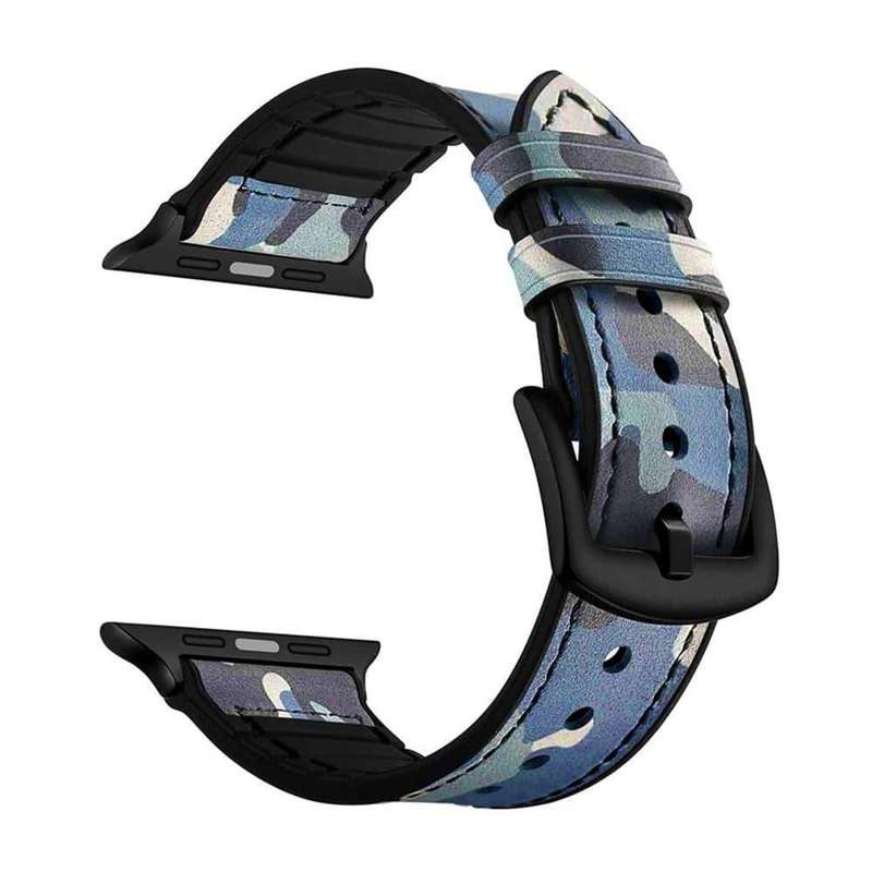 Leather & Silicone Strap for 38/40/41mm Apple Watch (S/M/L) - Camo Blue