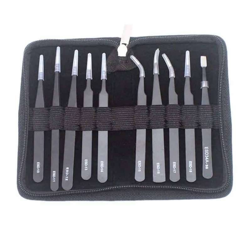 10-Piece Stainless Steel Anti-Static/Corrosion Precision Tweezer Set