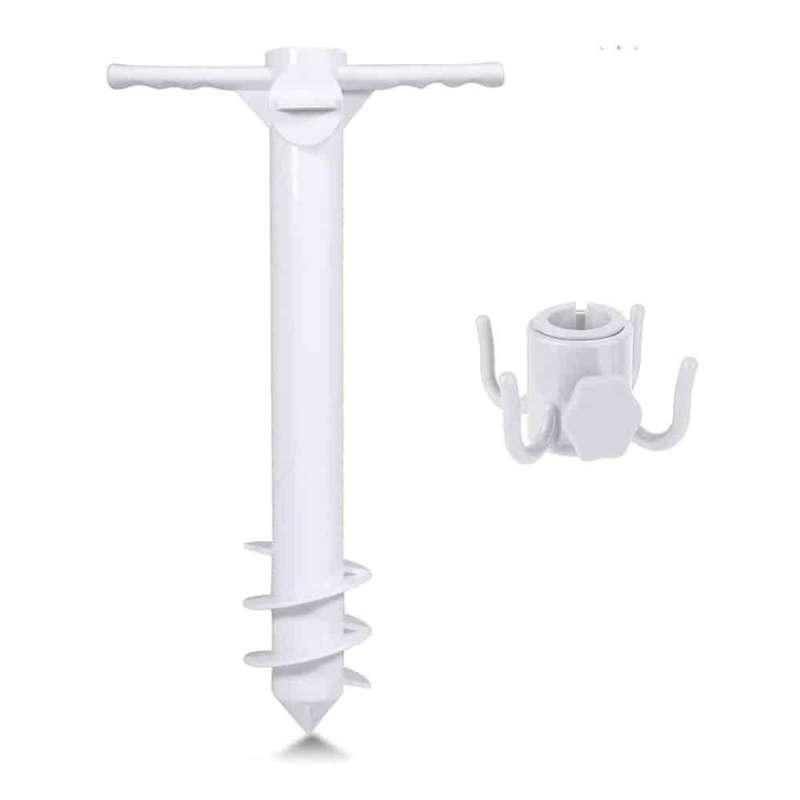 Beach Umbrella Holder Anchor Screw Stake &amp; Towel Hook Set