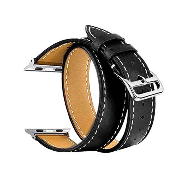 Double Wrap Leather Strap for 42/44/45/49mm Apple Watch (S/M)- Black
