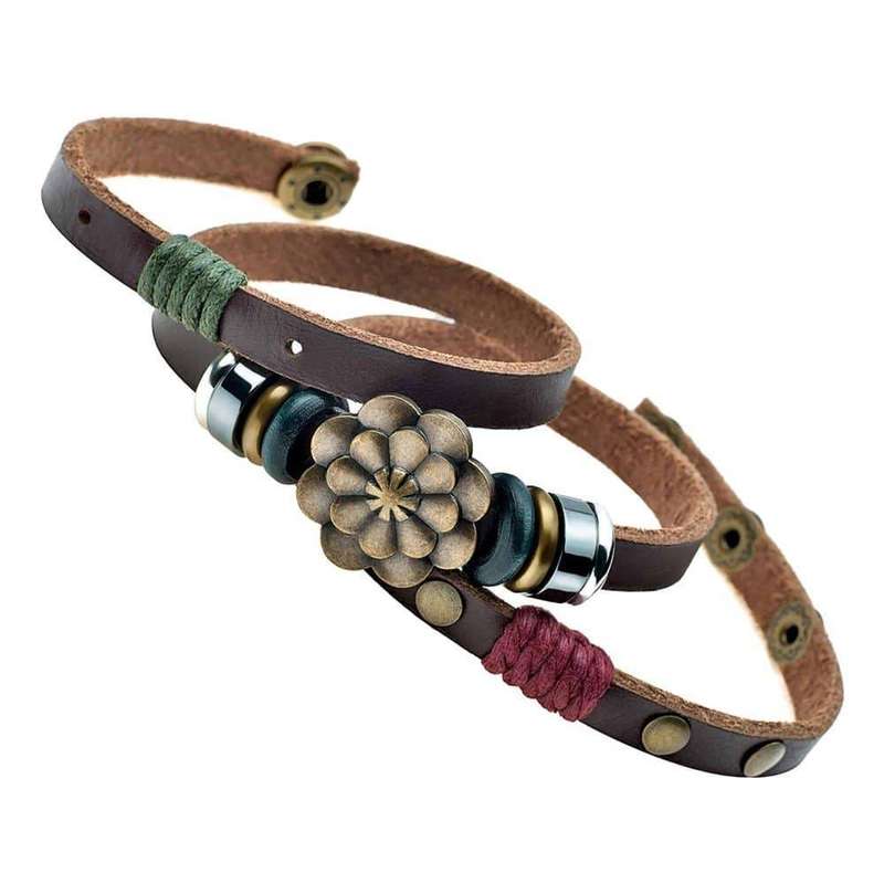 Handmade Lucky Lotus Flower PU Vegan Leather Bracelet - L/XL