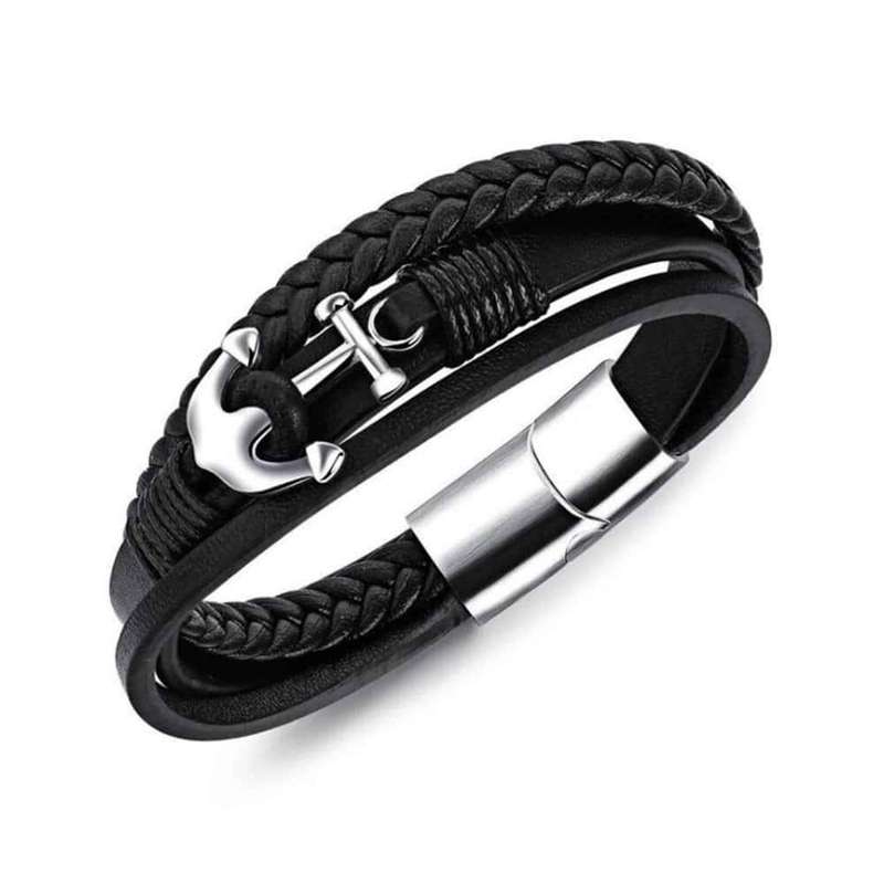 Vegan PU Leather &amp; Stainless Steel Anchor Charm Bracelet- M/L