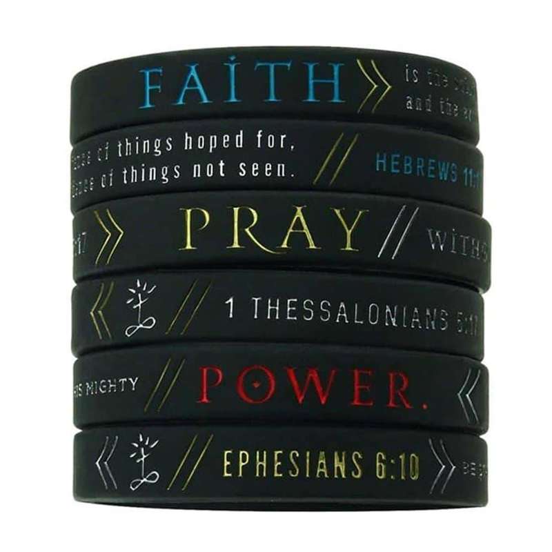 Faith, Power, &amp; Pray Unisex Bible Silicone Wristbands (6 Pack)