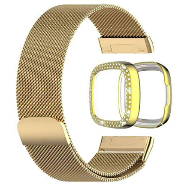 Milanese strap and PC case with diamond for Fitbit Versa 3 ,Sense - Gold Combo