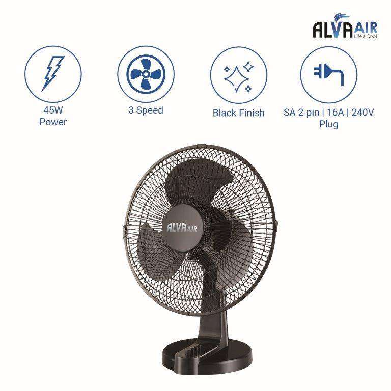 Alva 40cm Plastic Desk Fan Black 45w