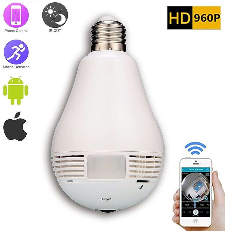 Optodio Light Bulb Wireless WIFI IP Security Camera Panoramic 360 Degree 960p White