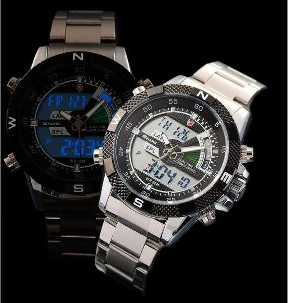 SHARK DUAL LED CHRONOGRAPH STEEL PORBEAGLE WATCH W/ BOX, PAPERS, LOADED!!