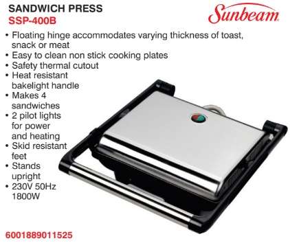 Sunbeam Sandwich Press (4 Slice) (SSP-400)