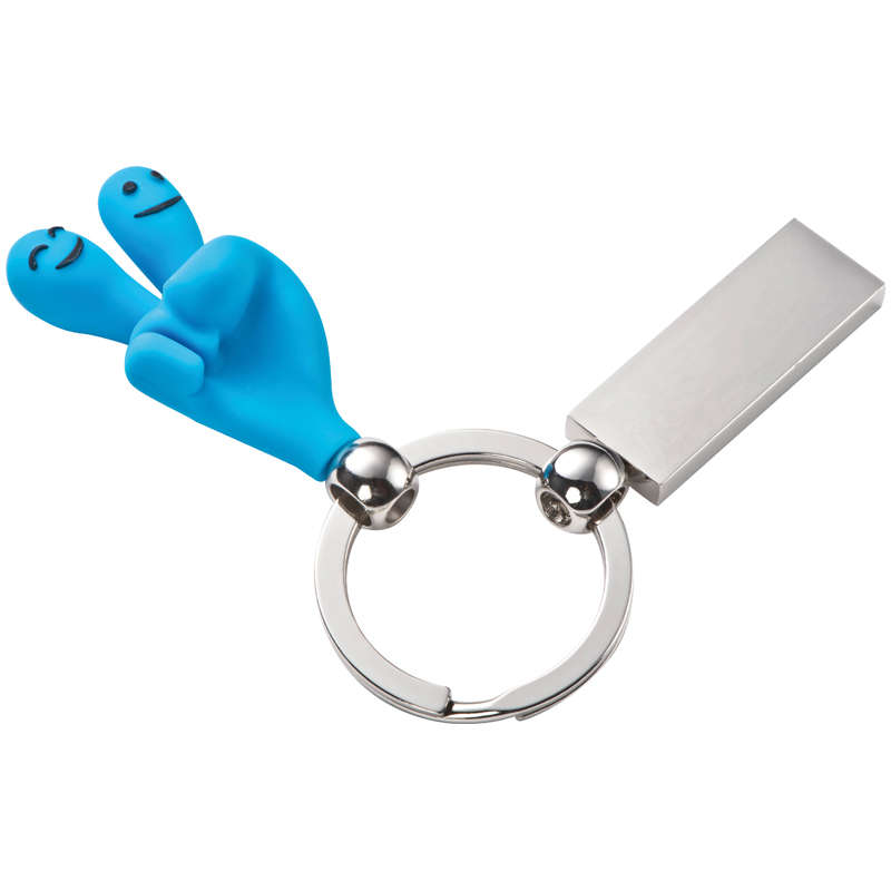 TPE Rubber material key ring in smiley hand design - cyan (93425)