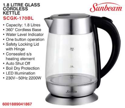 Sunbeam 1.8 Litre glass cordless kettle (SCGK-170BL)