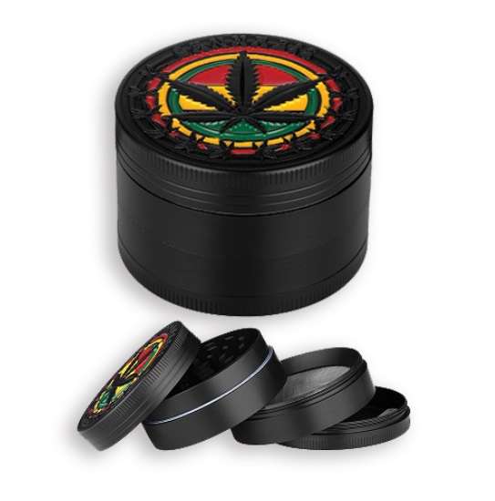 Tobacco Grinder - 4 Part Black Leaf 50mm (TBGR042)