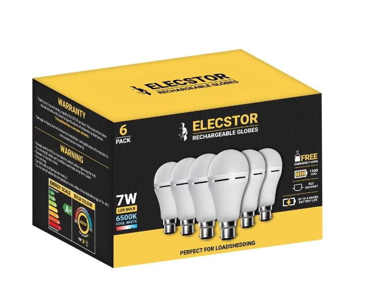 Elecstor B22 7W Rechargeable Globe - cool white - 6 Pack (bayonet)