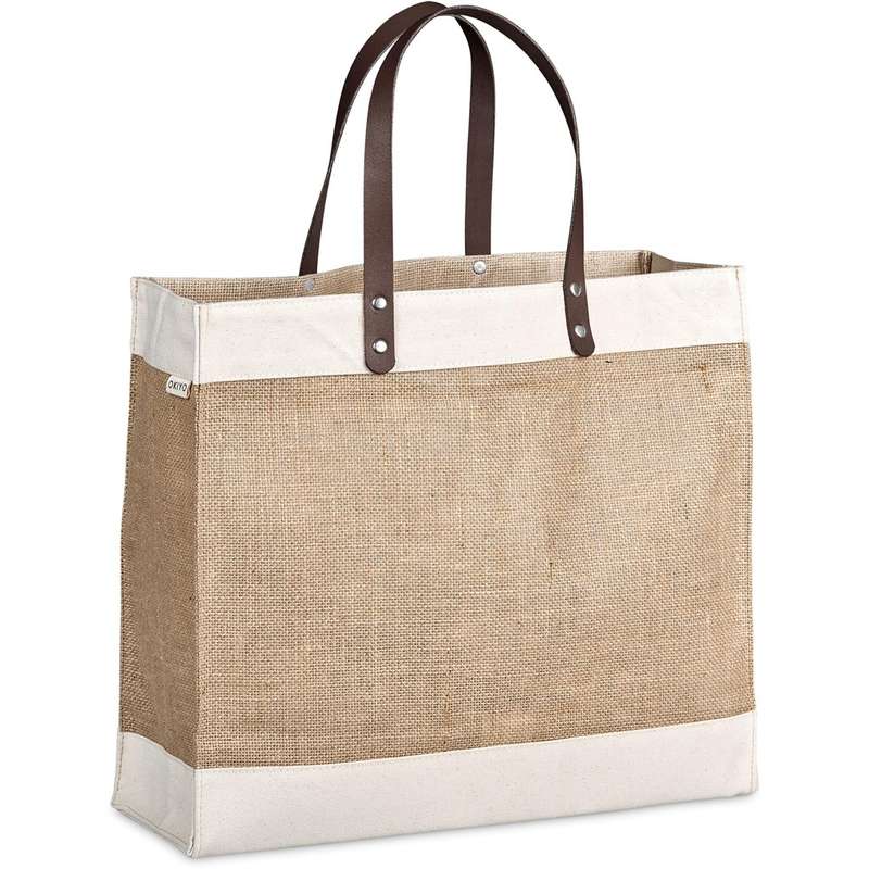 Okiyo Reza Jute and Cotton Tote with Leather Handles (OK-481)