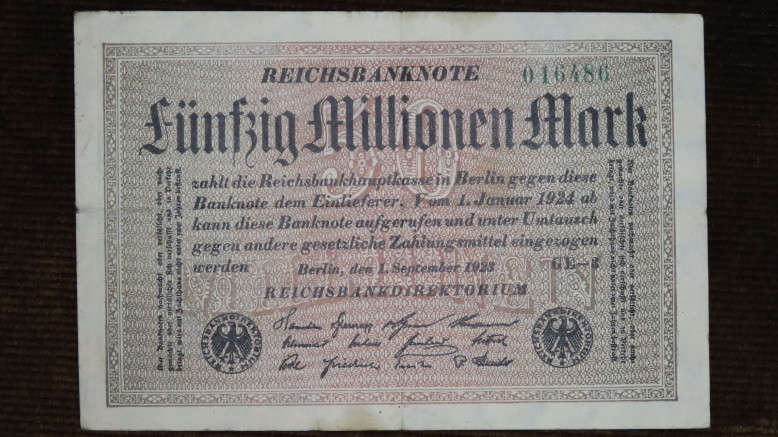 Germany - 50 Million Mark, 1923, p-109b Stars Watermark