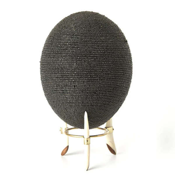 Beaded ostrich egg on stand