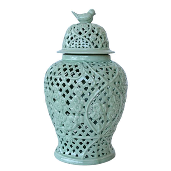 Large pale green cut out ginger jar with bird lid