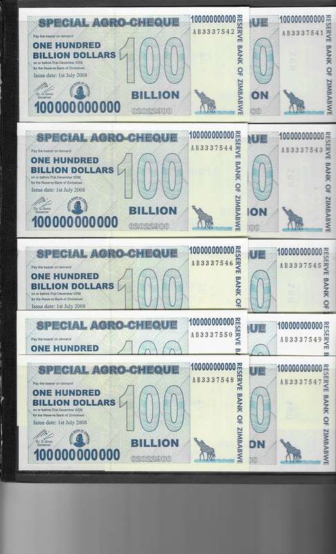 (Item 00944) Zimbabwe 10 x 100Billion Dollar BankNotes