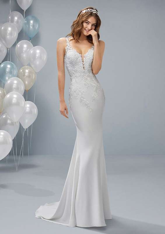 Kimberly , mermaid crepe lace bodice wedding dress.
