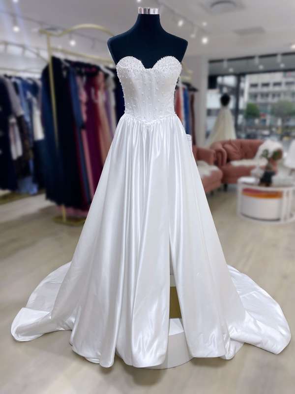 Alyssa, boob tube satin A-line wedding dress.