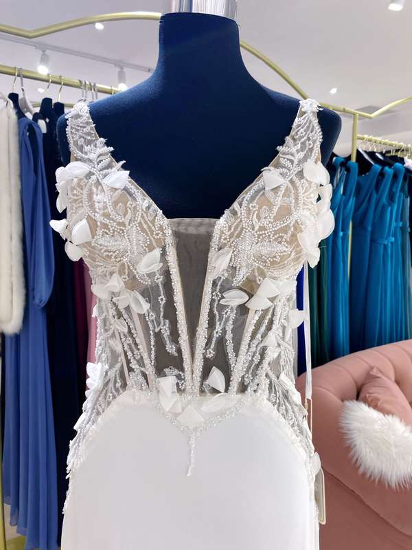 Faye, fit and flare crepe wedding dress.