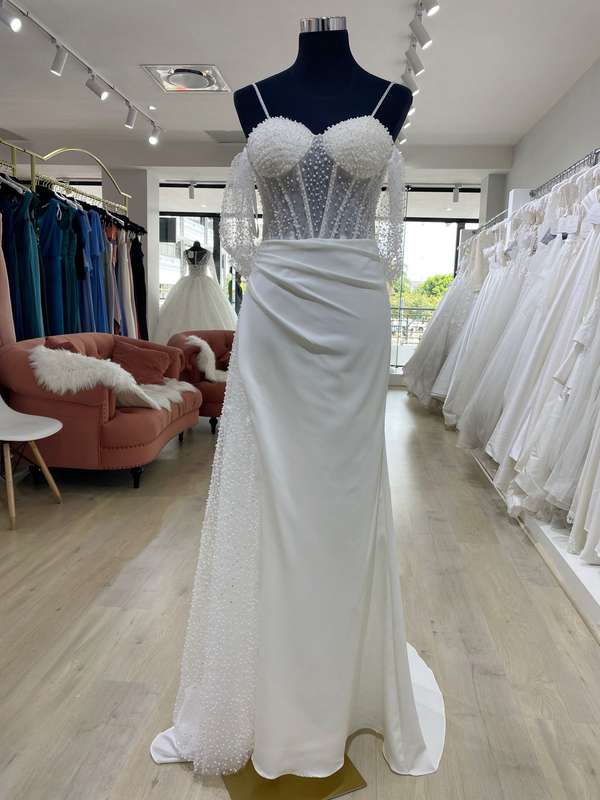 Edith, off shoulder beaded pearl detail sheath wedding dress.