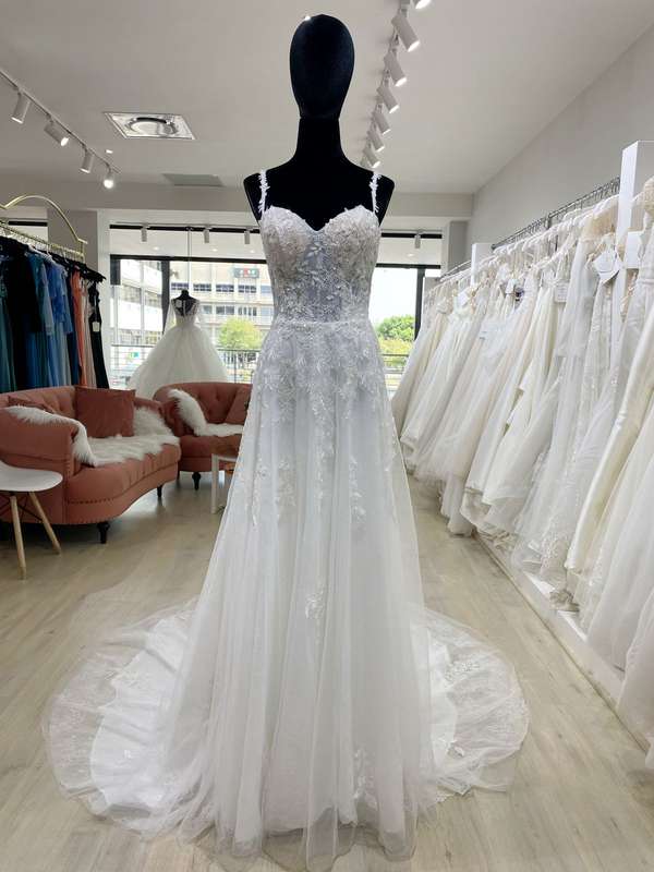 Pauline , Lace detailed white tulle A-line wedding dress