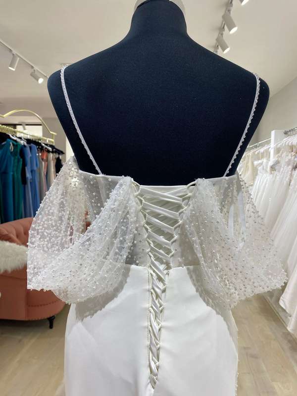 Edith, off shoulder beaded pearl detail sheath wedding dress.