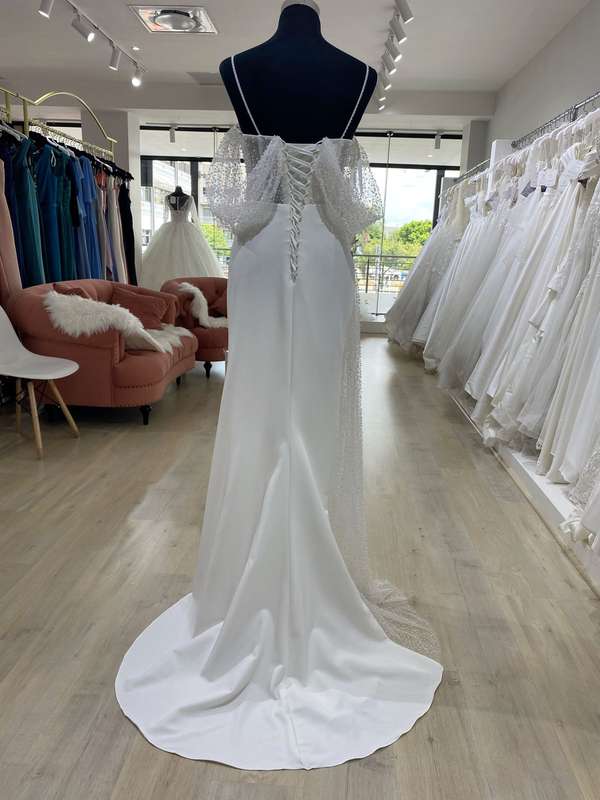 Edith, off shoulder beaded pearl detail sheath wedding dress.