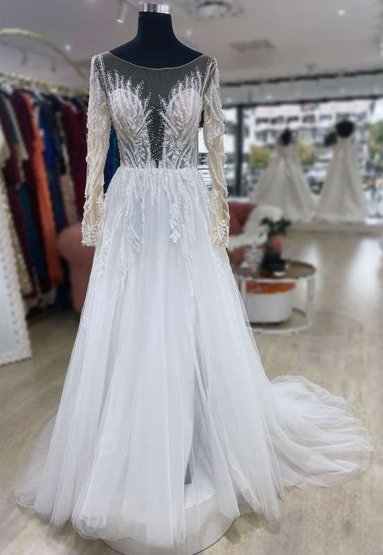 Josephine, Long sleeve side slit  pearl detailing tulle A-line.