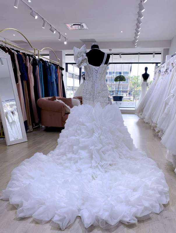 Anastacia , Mermaid wedding dress with pearl detail and ruffled trail.