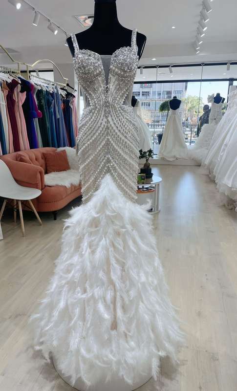 Pearl and feather detailed mermaid dress