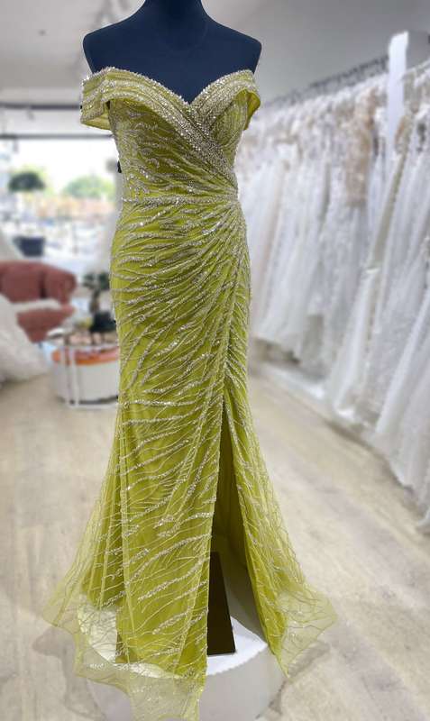 Lime off-shoulder sequence detailed mermaid dress