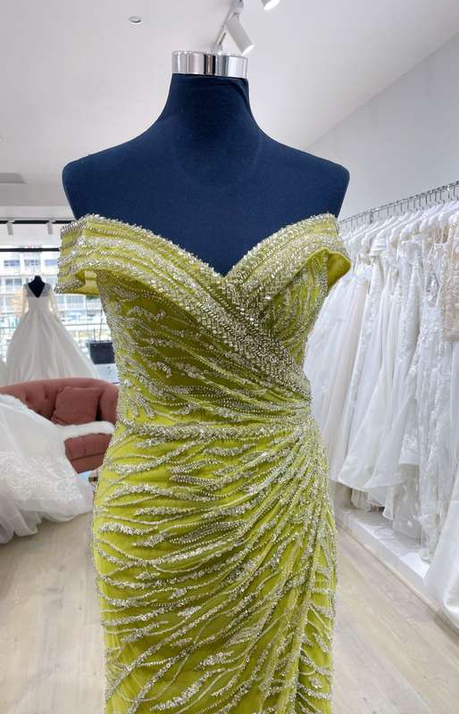 Lime off-shoulder sequence detailed mermaid dress