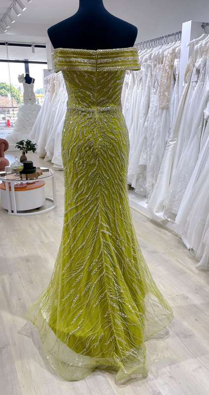 Lime off-shoulder sequence detailed mermaid dress