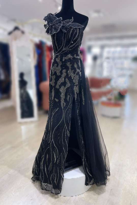 Black evening mermaid dress with gold beadwork