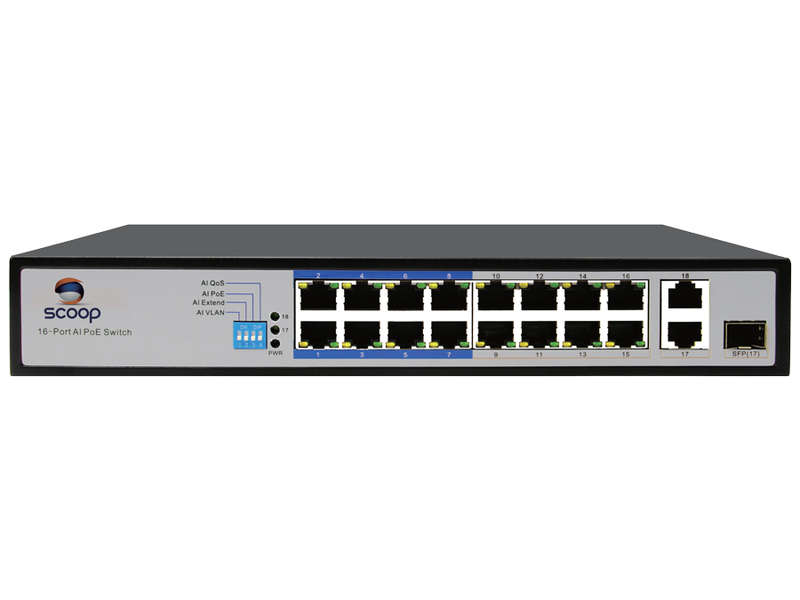 Scoop 16 Port Fast Ethernet AI PoE 150W 2 Gigabit 1SFP Switch