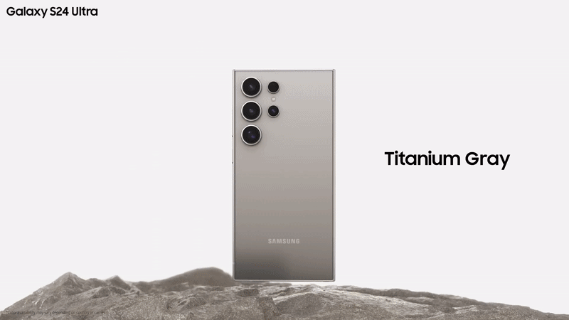 the four main colours available across the uk for the galaxy s24 ultra including Titanium Yellow, Titanium Violet, Titanium Black, and Titanium Grey   