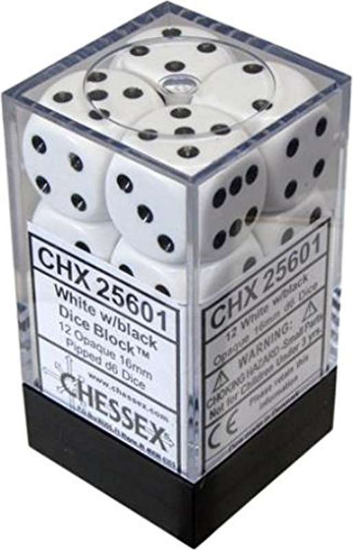 Chessex Opaque White/Black Set of 12 d6 Dice (CHX25601)