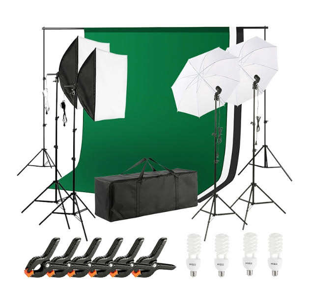 Photo Video Studio Light Kit - Including 3 Color Backdrops (Black/White/Green) - 24pcs