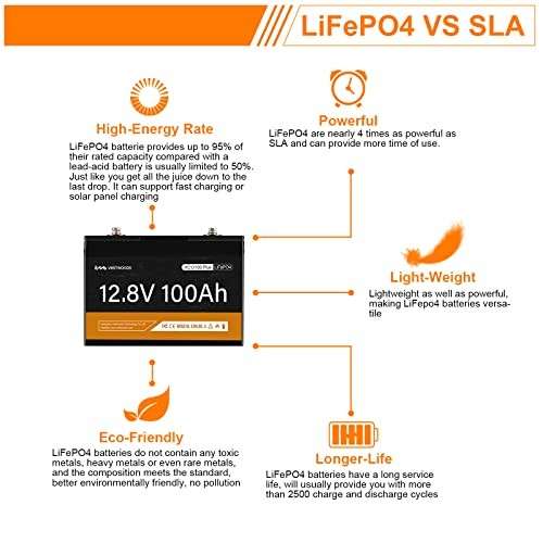 Vestwoods 100Ah 12.8V 12V Lithium-ion (LiFePO4) Battery - FIRST LIFE / 1.280kWh with BLUETOOTH / 3 Y