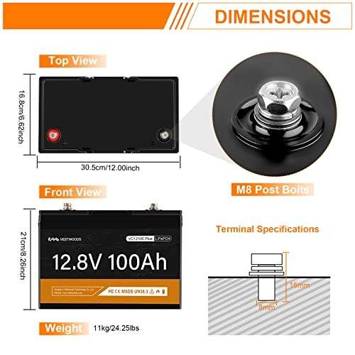 Vestwoods 100Ah 12.8V 12V Lithium-ion (LiFePO4) Battery - FIRST LIFE / 1.280kWh with BLUETOOTH / 3 Y