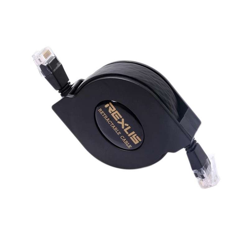 REXLIS 2m CAT6 Retractable Flat Cable - RJ45 Ethernet Network LAN Cable / Black